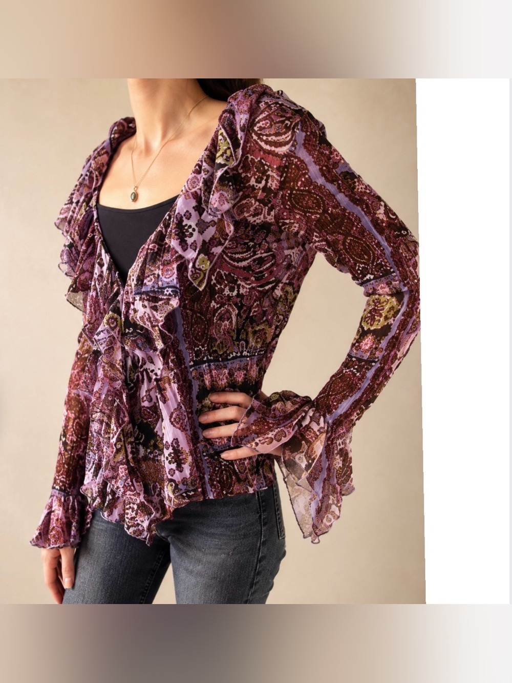Y2K Romantic Paisley Ruffle Blouse Sheer Crinkle Top Lilac Burgundy
